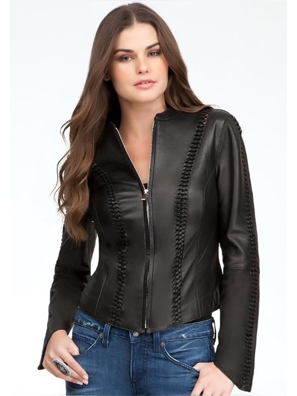Y2K SEXY BEBE 100% BLACK LEATHER BRAIDED LEATHER BELL SLEEVE JACKET Sz M